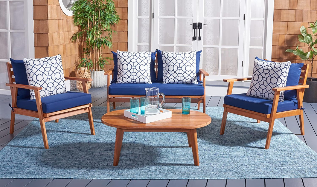 SAFAVIEH Outdoor Collection Deacon Acacia Wood Cushion 4-Piece Conversation Patio Set with Accent Pillows PAT7050E, Navy/Natural - New Orleans Habitat for Humanity ReStore Elysian Fields